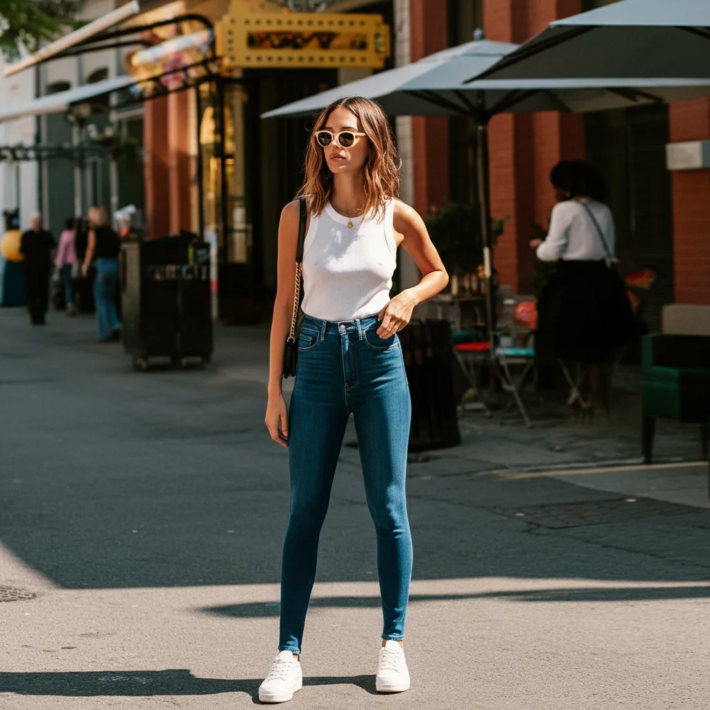 High-Waisted Skinny Jeans with a White Tank Top