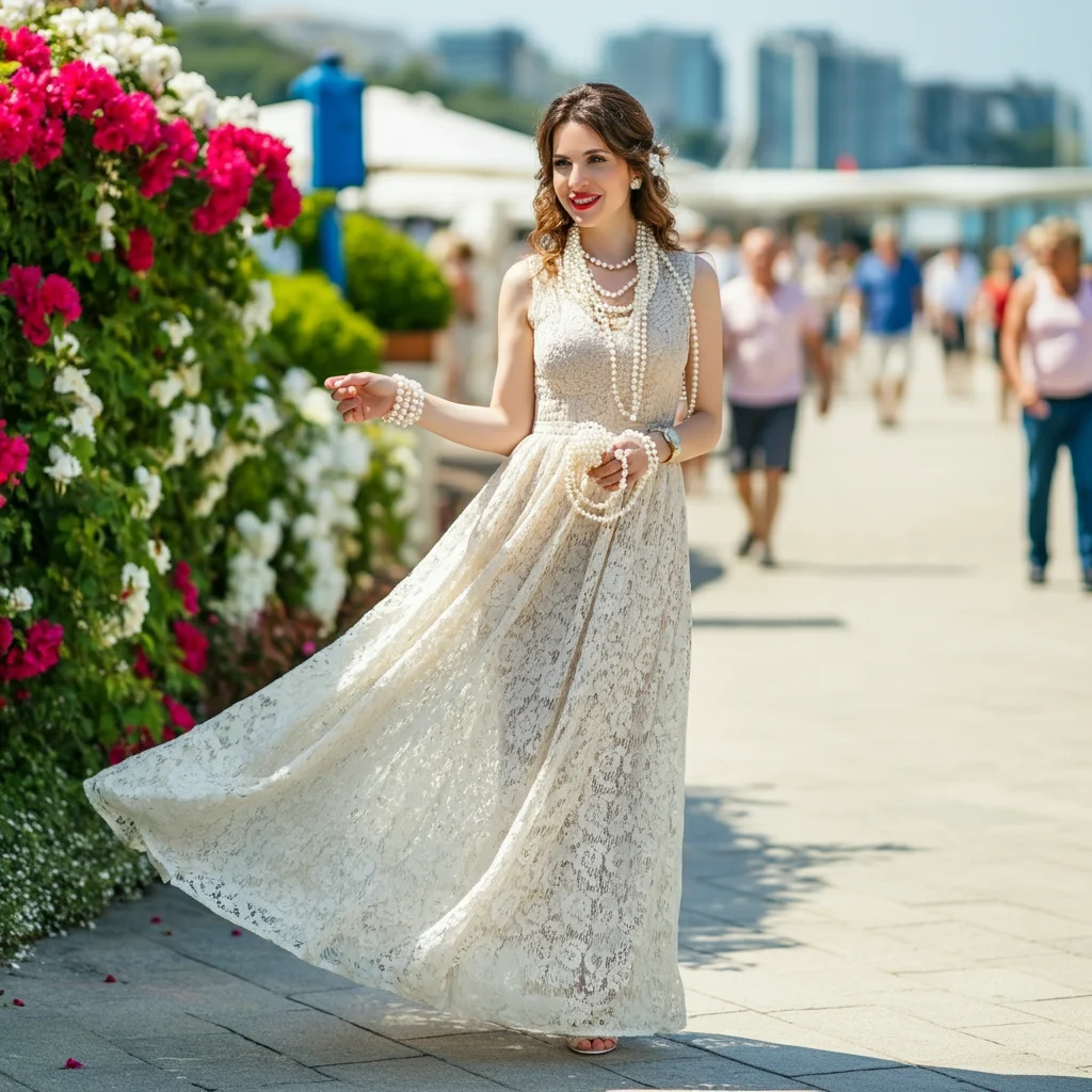 Lace Maxi Dress with Pearl Accessories