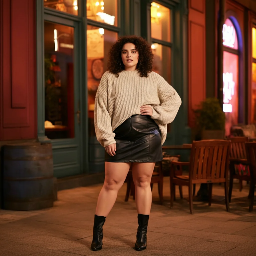 Leather Mini Skirt with an Oversized Sweater
