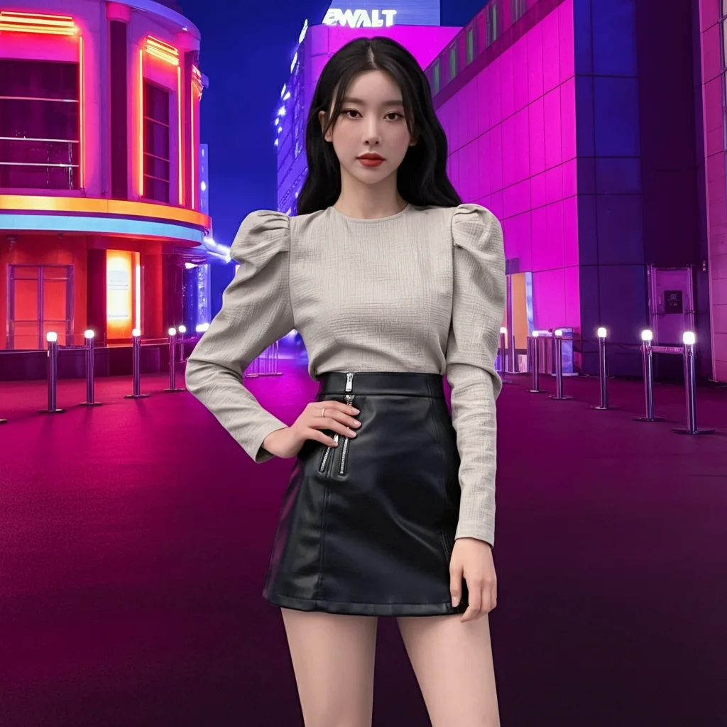 Leather Skirt with Puff-Sleeve Blouse