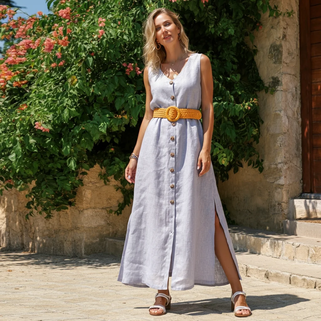 Linen Maxi Dress with a Bold Belt