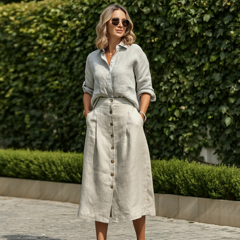 Linen Skirt with Buttoned Shirt
