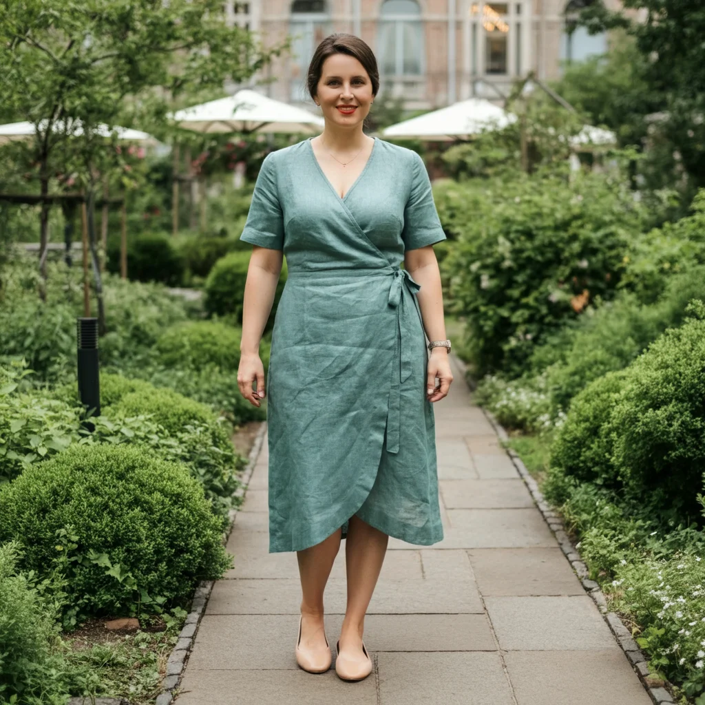 Linen Wrap Dress with Nude Flats