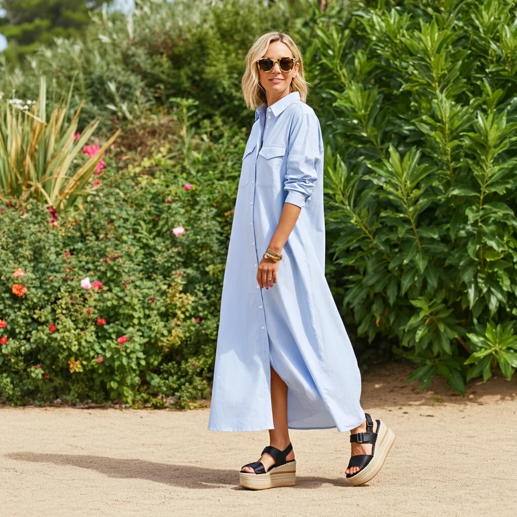 Maxi Shirt Dress with Platform Sandals