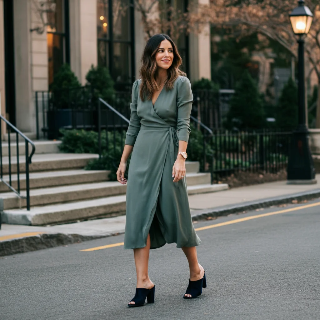 Midi Wrap Dress with Heeled Mules