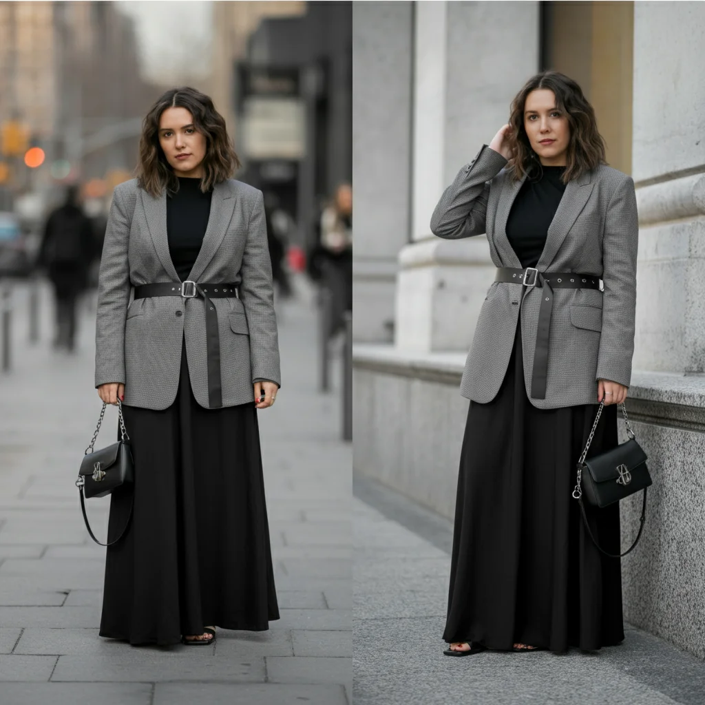 Monochrome Maxi Skirt with a Belted Blazer