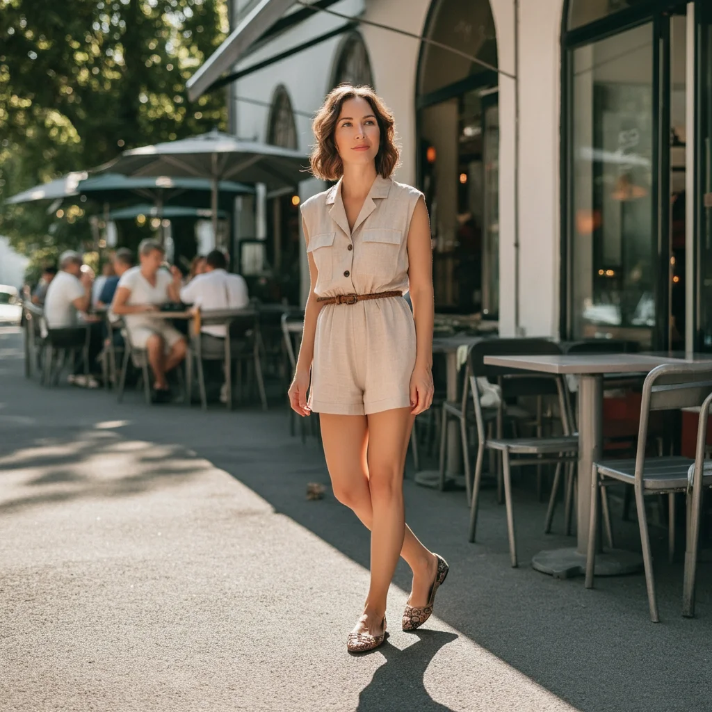 Neutral Tone Romper with a Belt and Flats