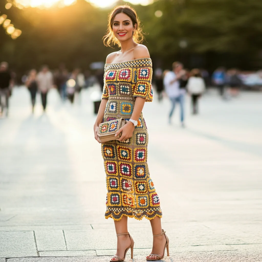 Off-Shoulder Crochet Dress and Strappy Heels