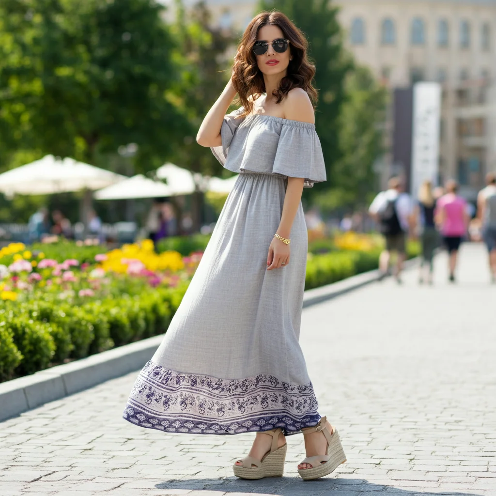 Off-Shoulder Maxi Dress with Wedge Heels