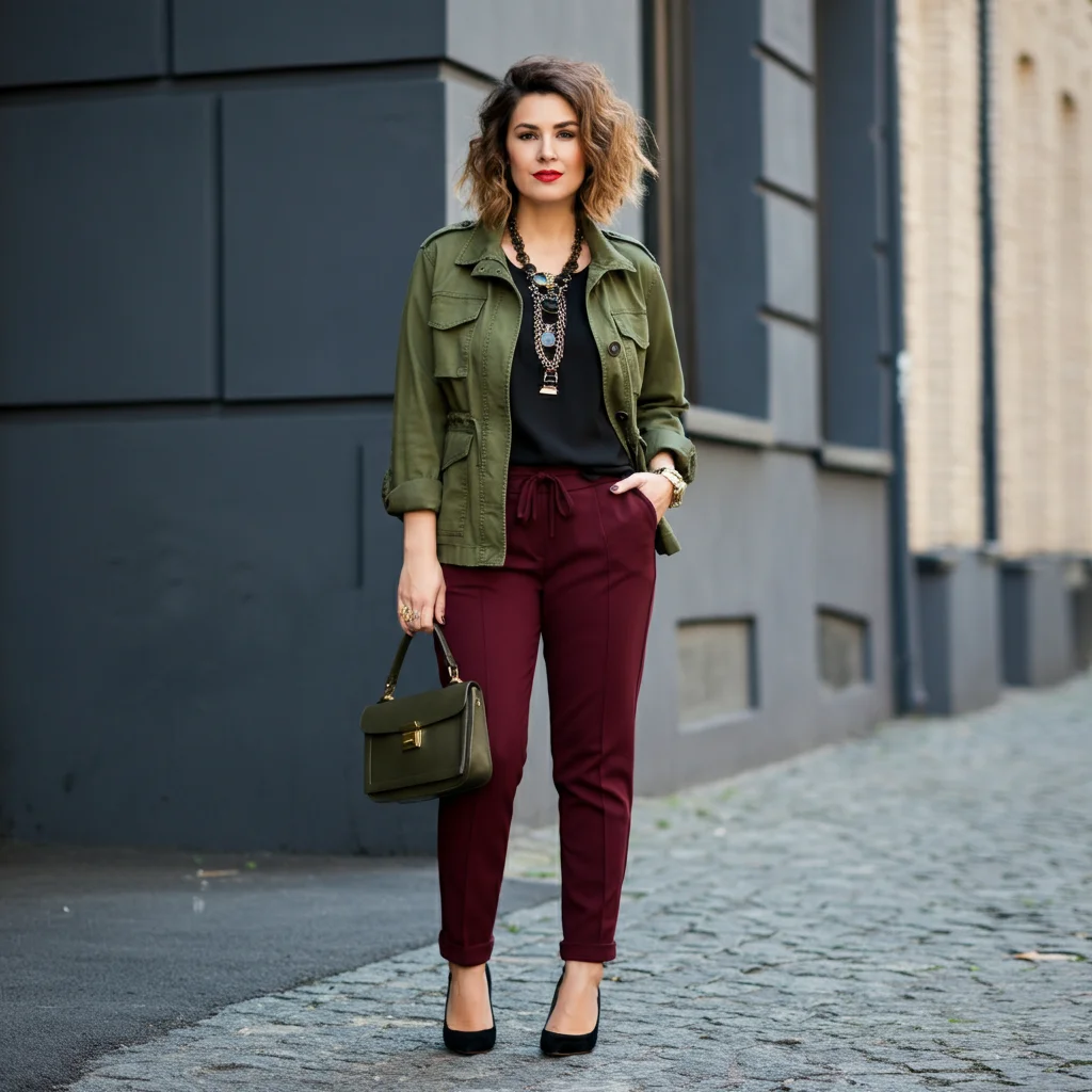 Olive Green Jacket with Maroon Pants