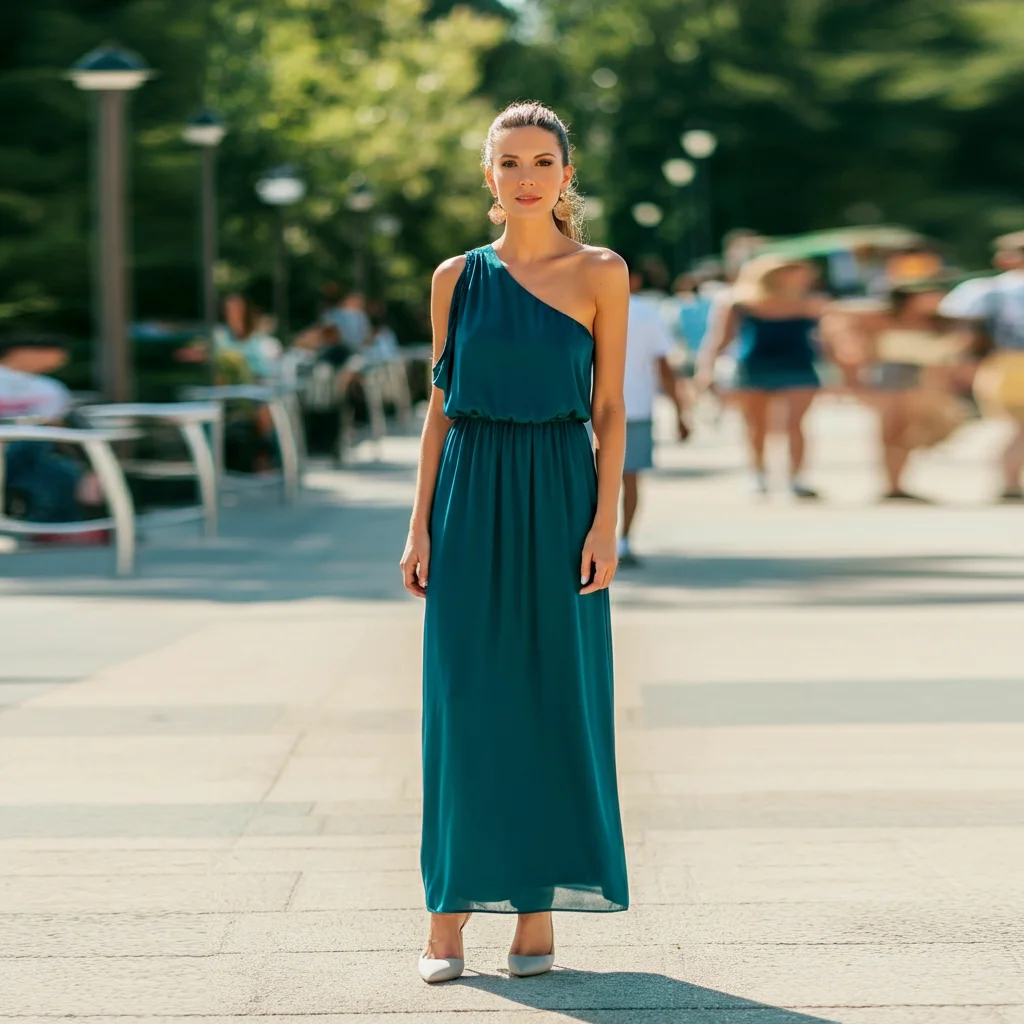 One-shoulder maxi Dress with Minimalist Heels