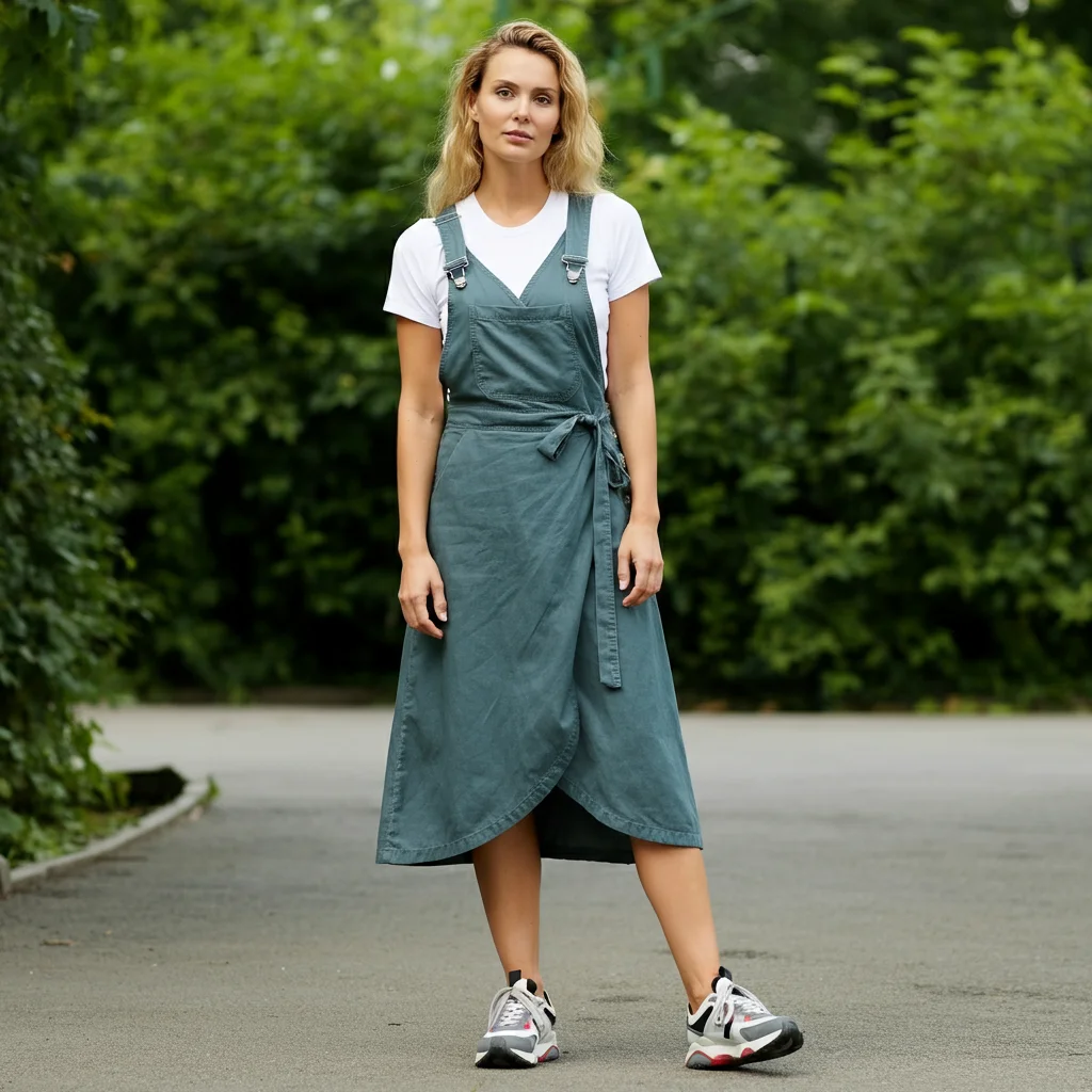 Overall Wrap Dress with Sneakers