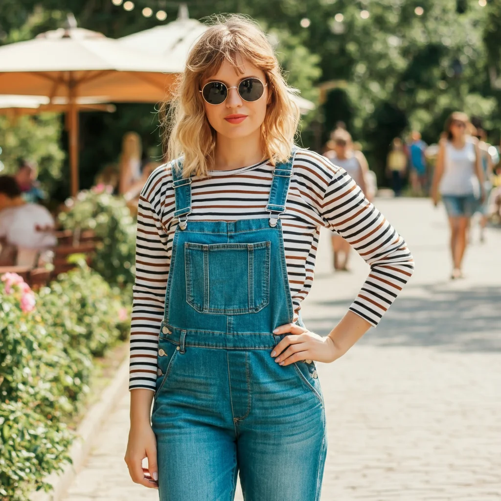 Overalls with a Striped Top