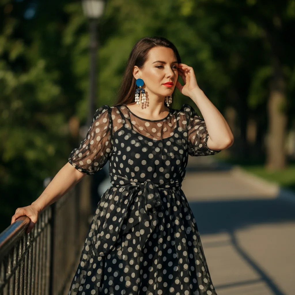 Polka Dot Maxi Dress with Statement Earrings