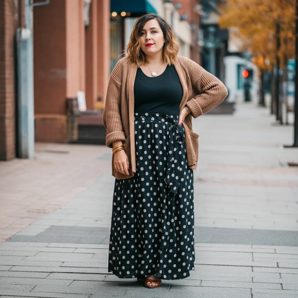 Polka Dot Maxi Skirt with a Cardigan