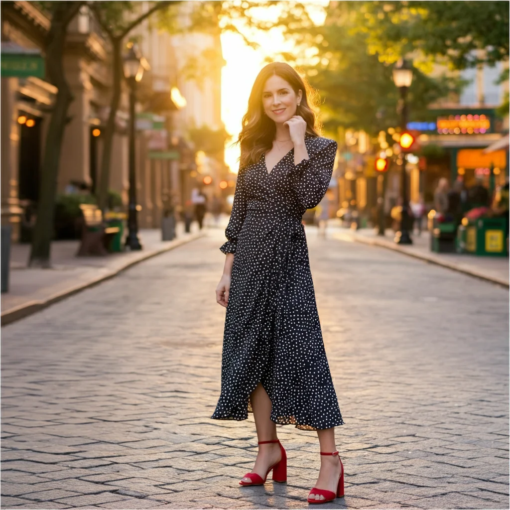 Polka Dot Wrap Dress with Block Heels