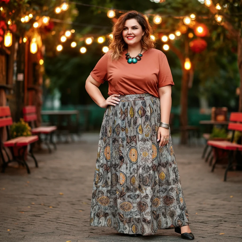 Printed Maxi Skirt with a Solid T-Shirt