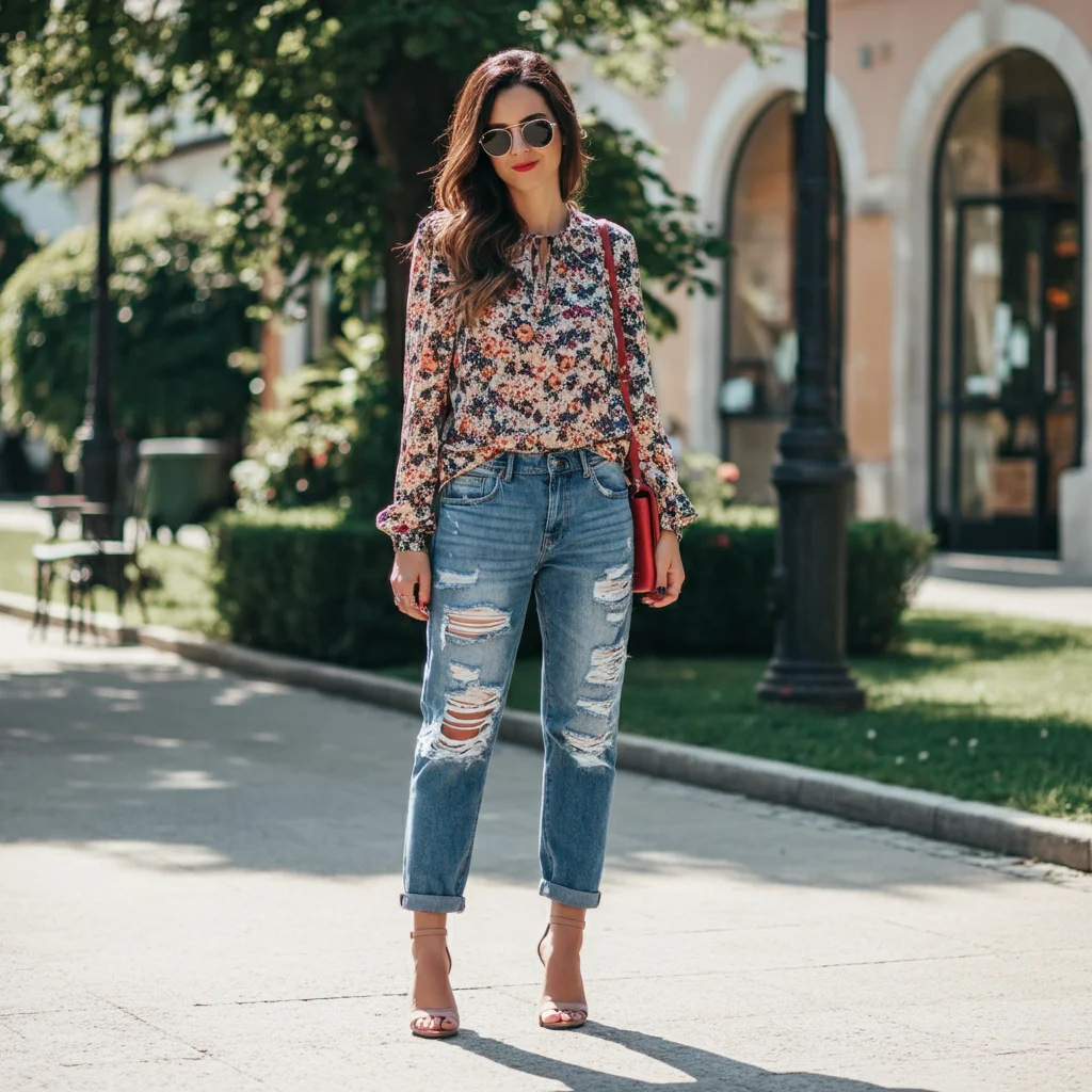 Ripped Boyfriend Jeans with a Floral Blouse