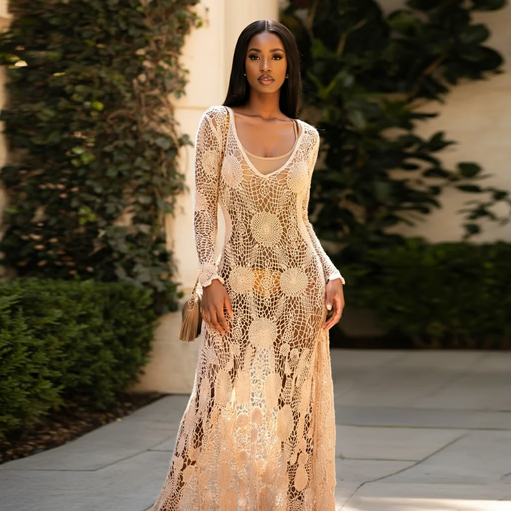 Sheer Crochet Dress over a Bodysuit