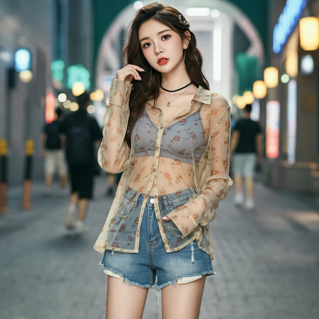 Sheer Top with a Bralette and Denim Shorts