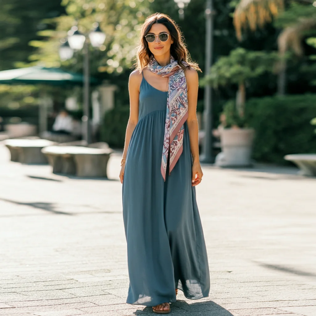 Solid Color Maxi Dress with a Skinny Scarf
