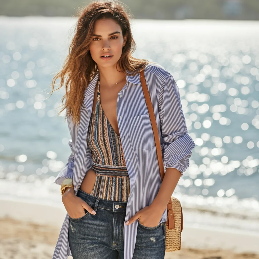 Striped Button-Down Shirt with Swimsuit