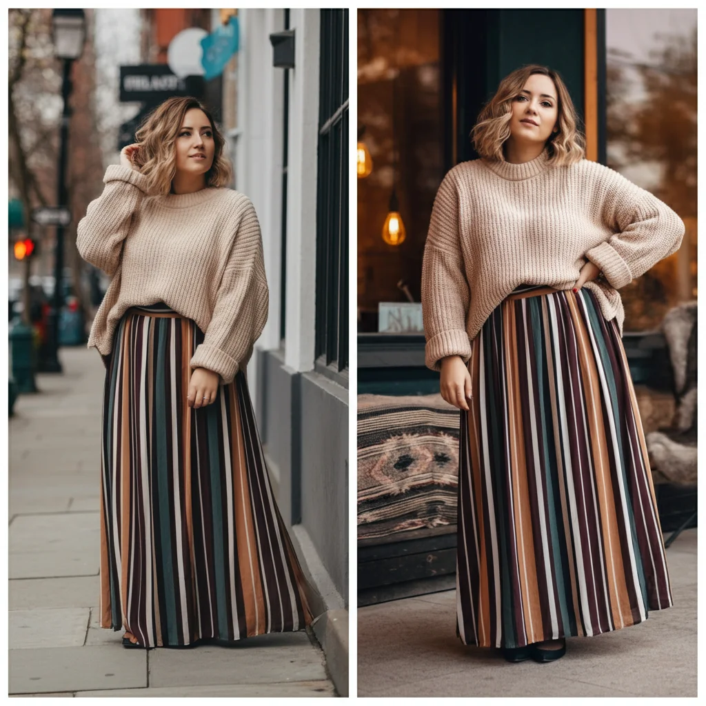 Striped Maxi Skirt with a Loose Sweater