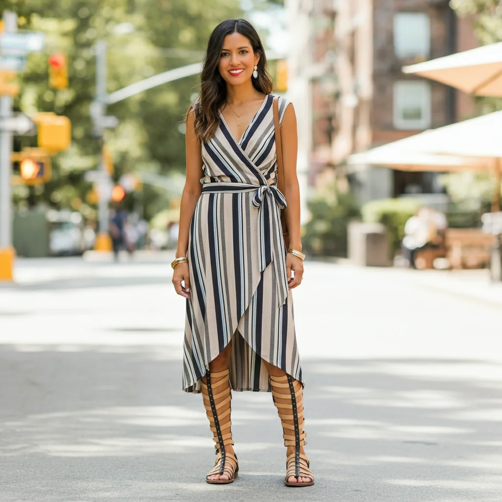 Striped Wrap Dress with Gladiator Sandals