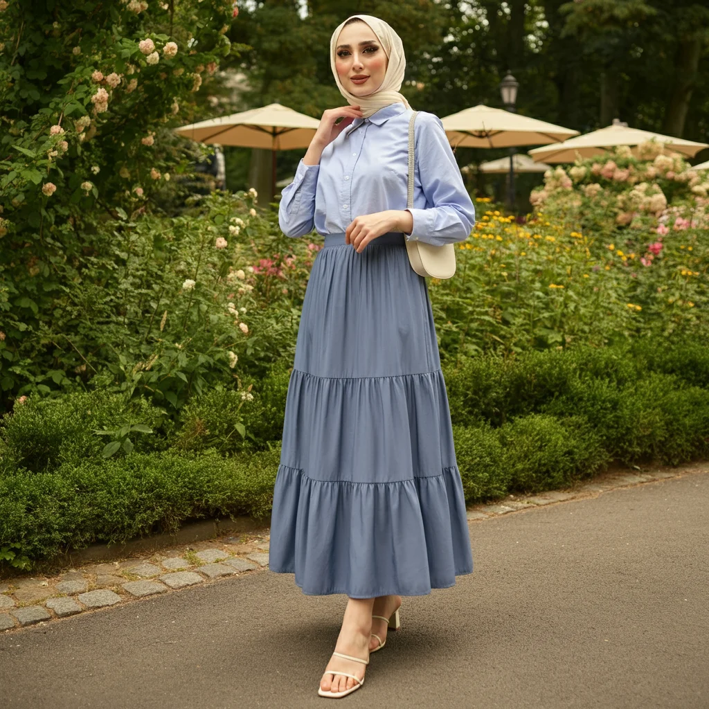 Tiered Skirt with a Button-Up Shirt