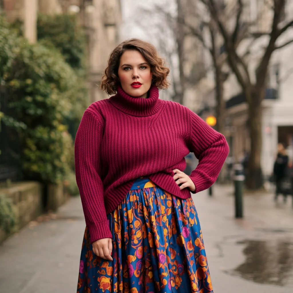 Turtleneck Sweater with Knee-Length Skirt