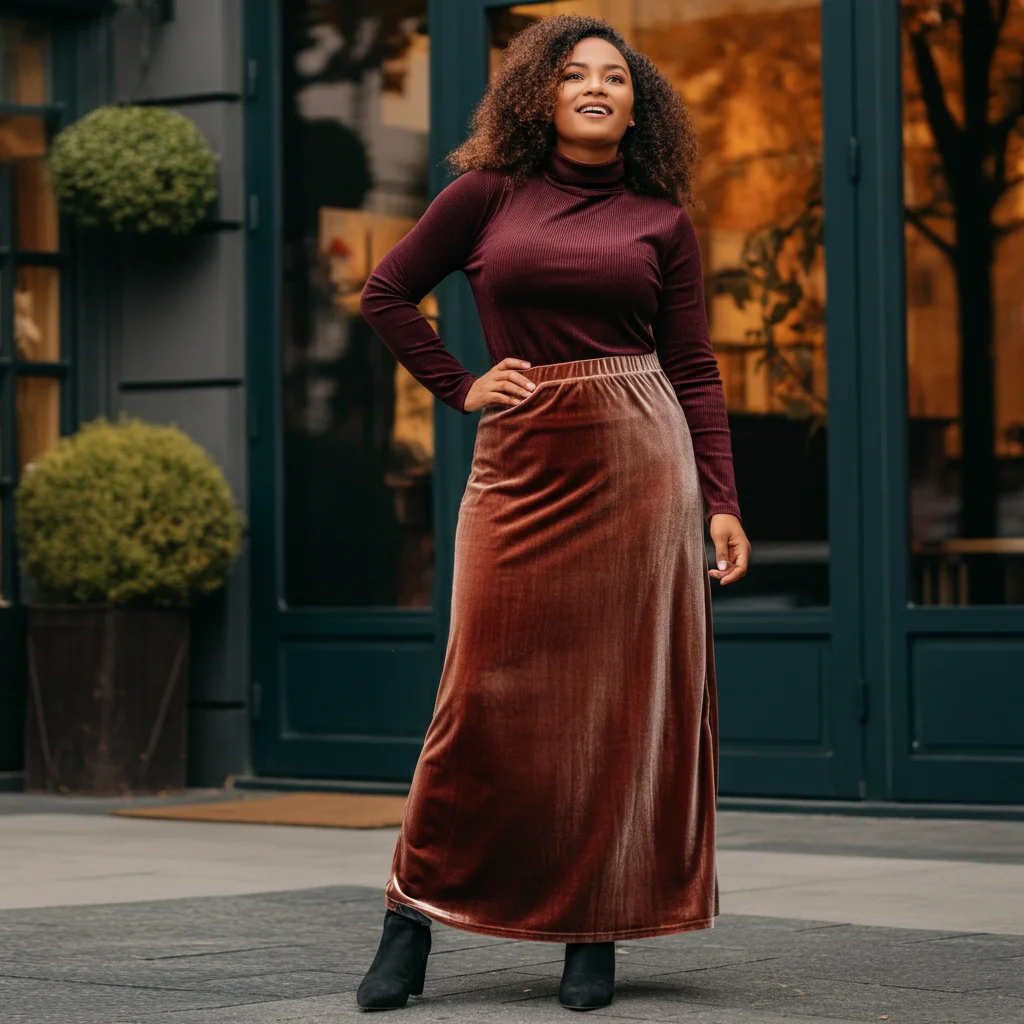 Velvet Maxi Skirt with a Turtleneck
