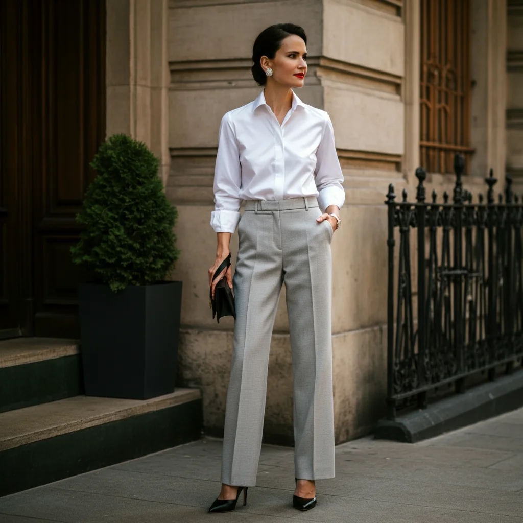 White Button-Up Shirt with Straight-Leg Trousers