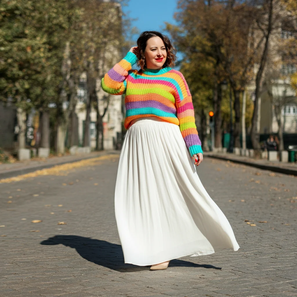 White Maxi Skirt with a Bright Sweater