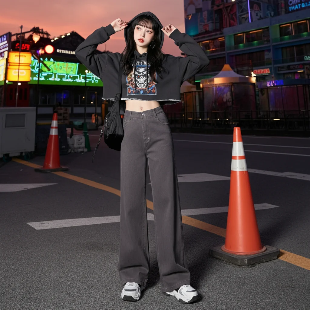 Wide-leg Pants and Graphic Cropped Hoodie