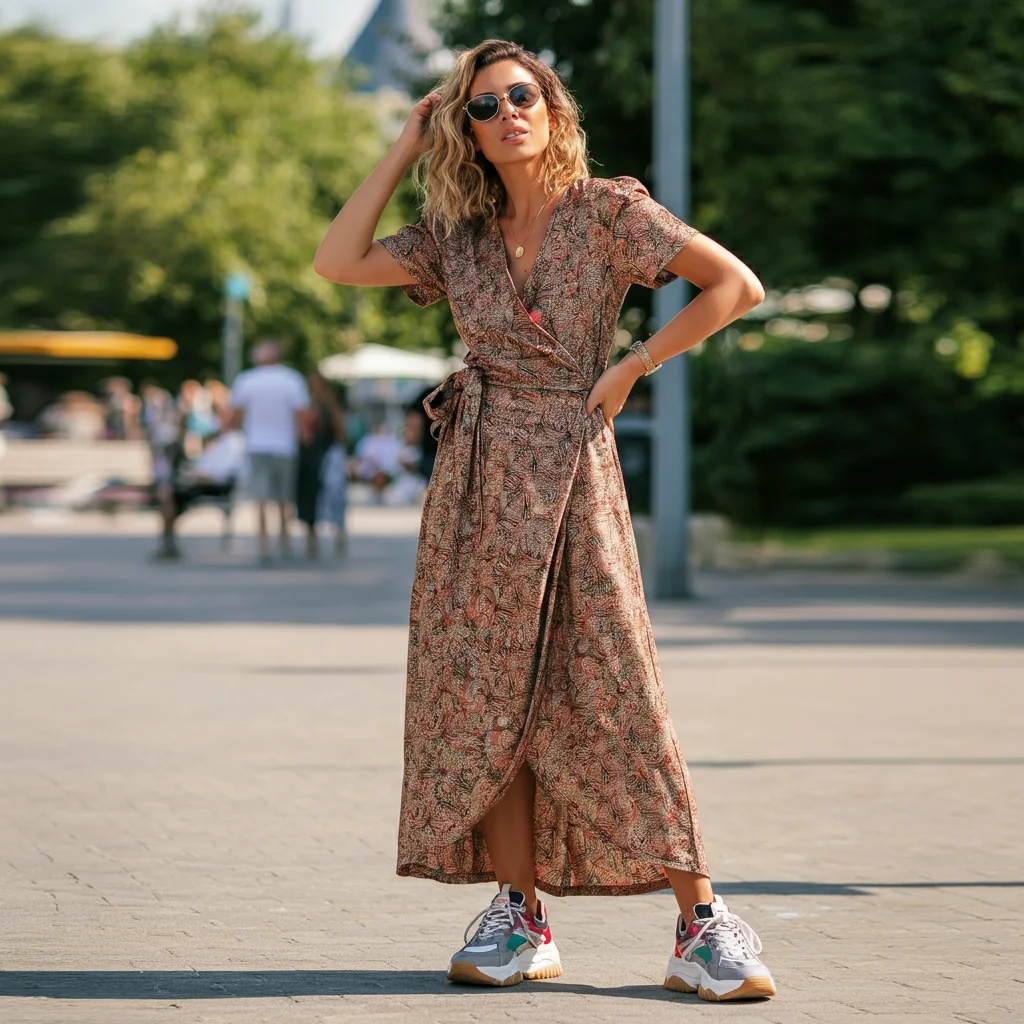 Wrap Maxi Dress with Chunky Sneakers