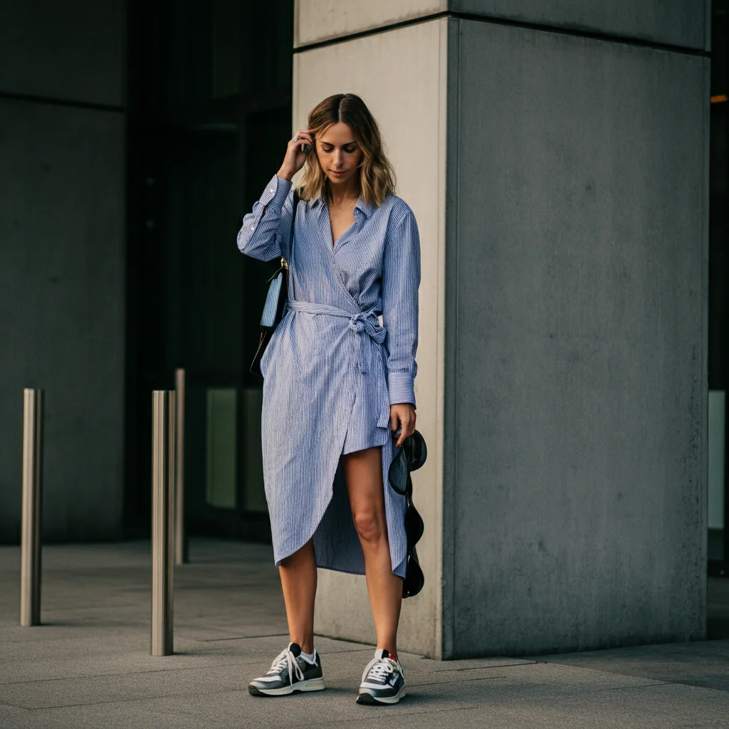 Wrap Shirt Dress with Sneakers