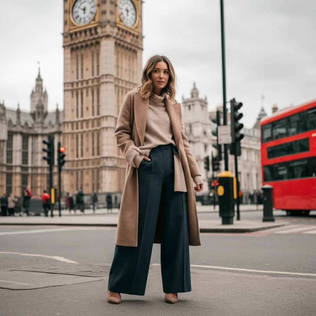 Ankle-length coat with Wide-Leg Trousers