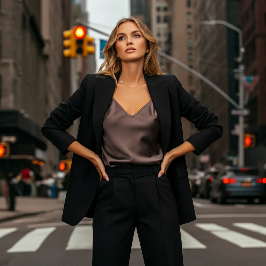 Black Blazer with a Satin Camisole