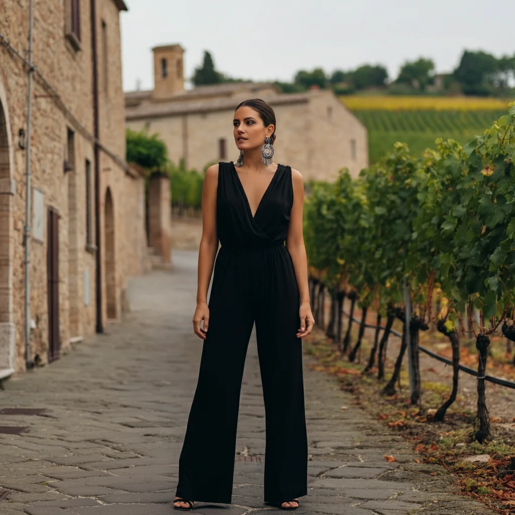 Black Jumpsuit With Statement Earrings