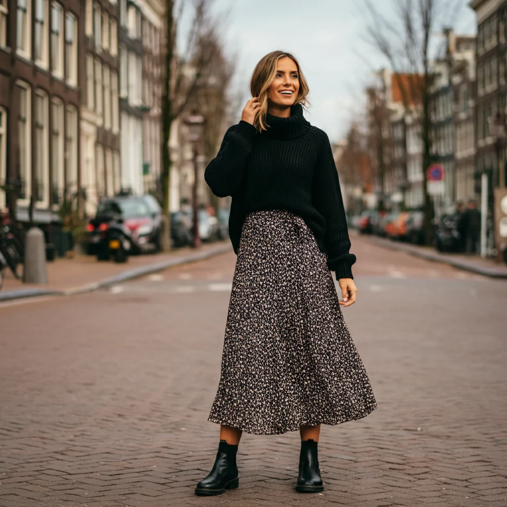 Black Turtleneck with Midi Skirt