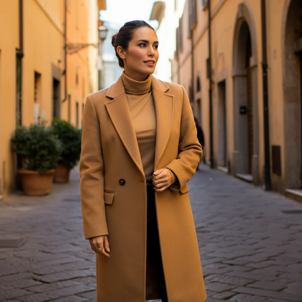 Camel Coat and Fitted Turtleneck