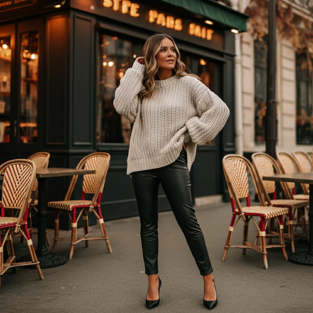 Chunky Knit Sweater with Leather Leggings