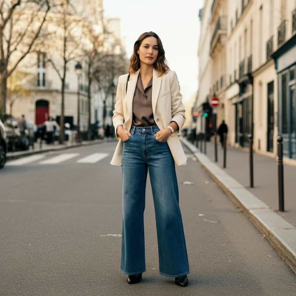 Cream Blazer with High-Waisted Wide Jeans
