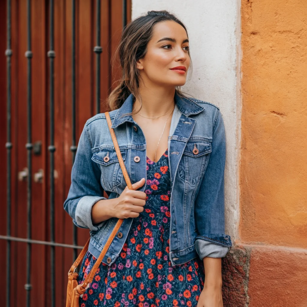 Denim Jacket over Floral Dress