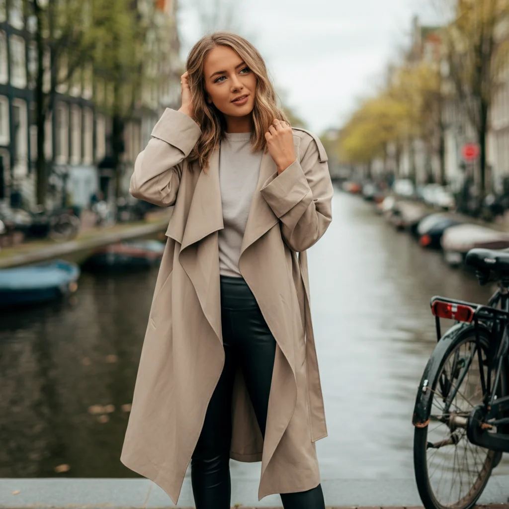 Draped Trench Coat with Black Leggings