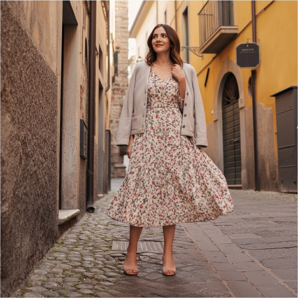 Floral Midi Dress With a Light Cardigan