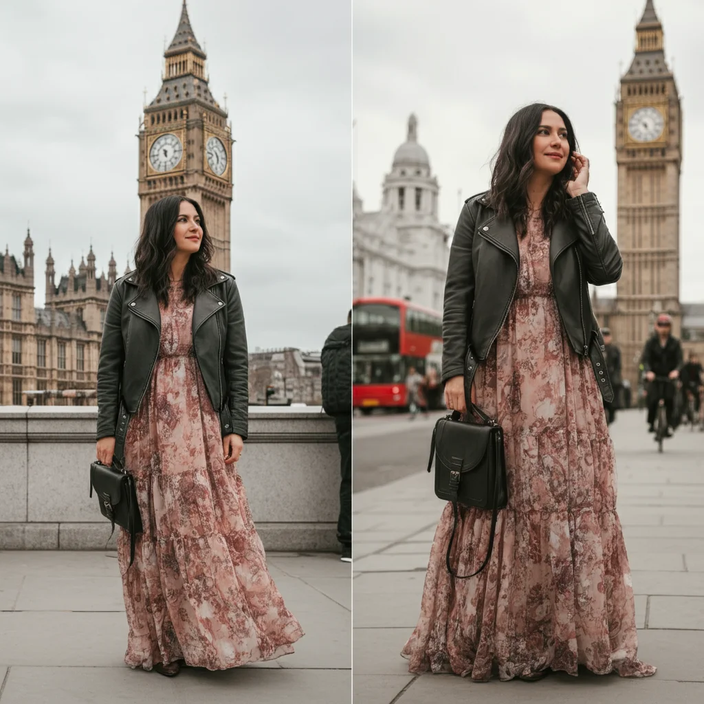Flowy Dress with Leather Jacket