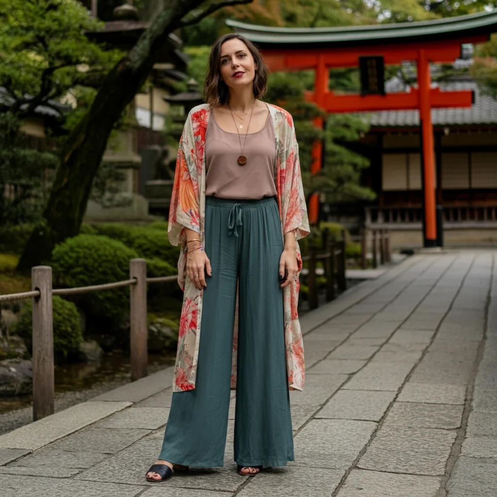 Flowy Palazzo Trousers with a Tank and Kimono Throw