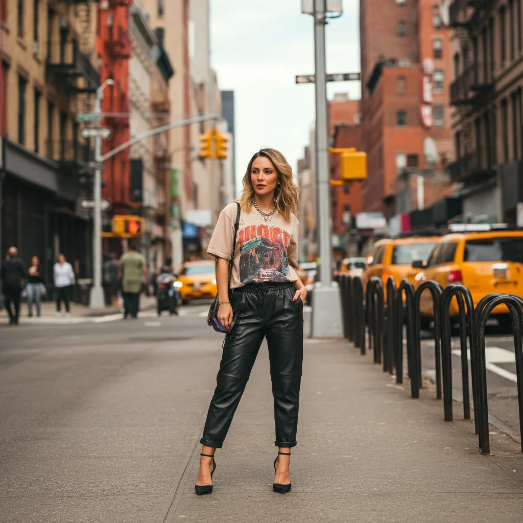 Graphic T-shirt with Leather Pants