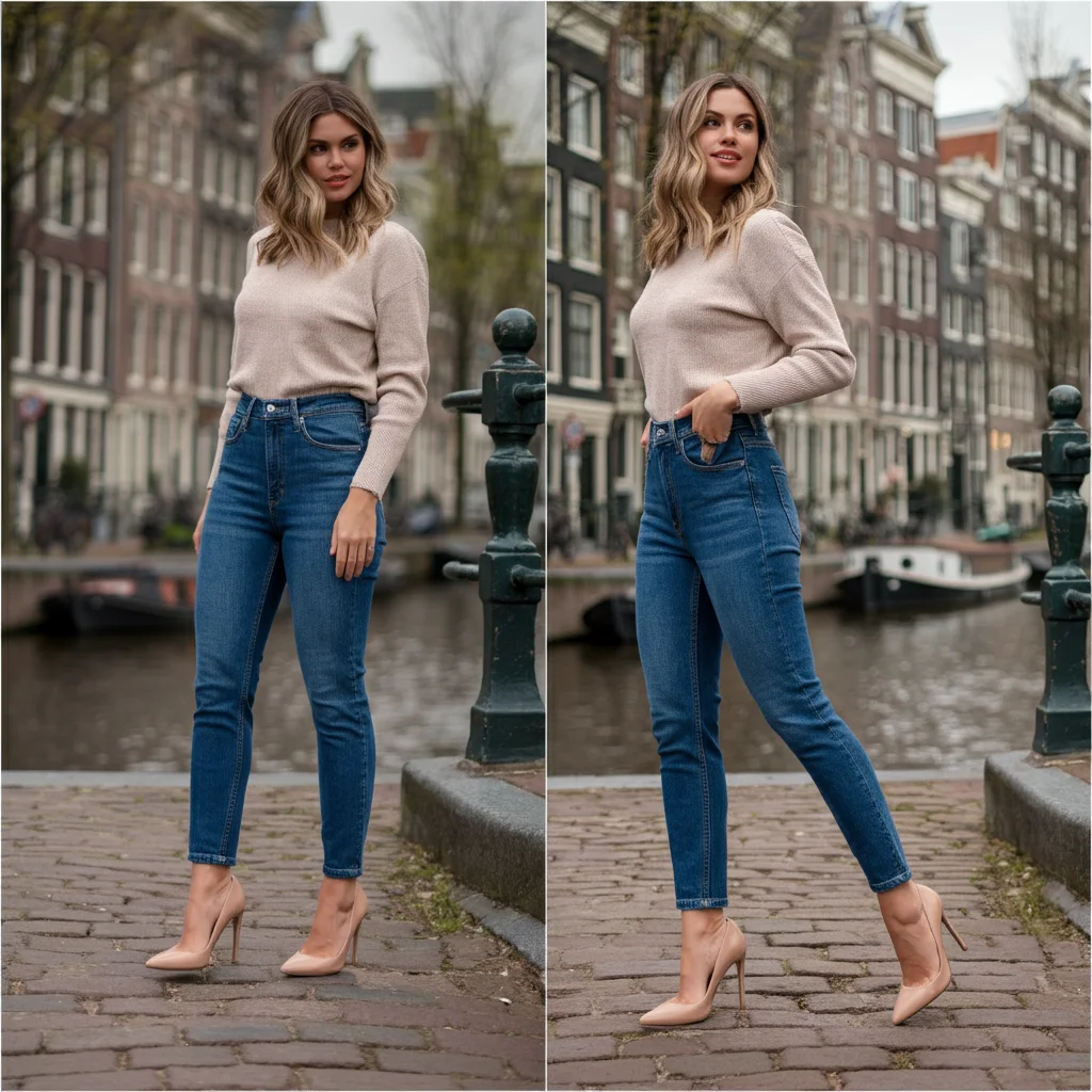 High-waisted Skinny Jeans with a Nude Stiletto